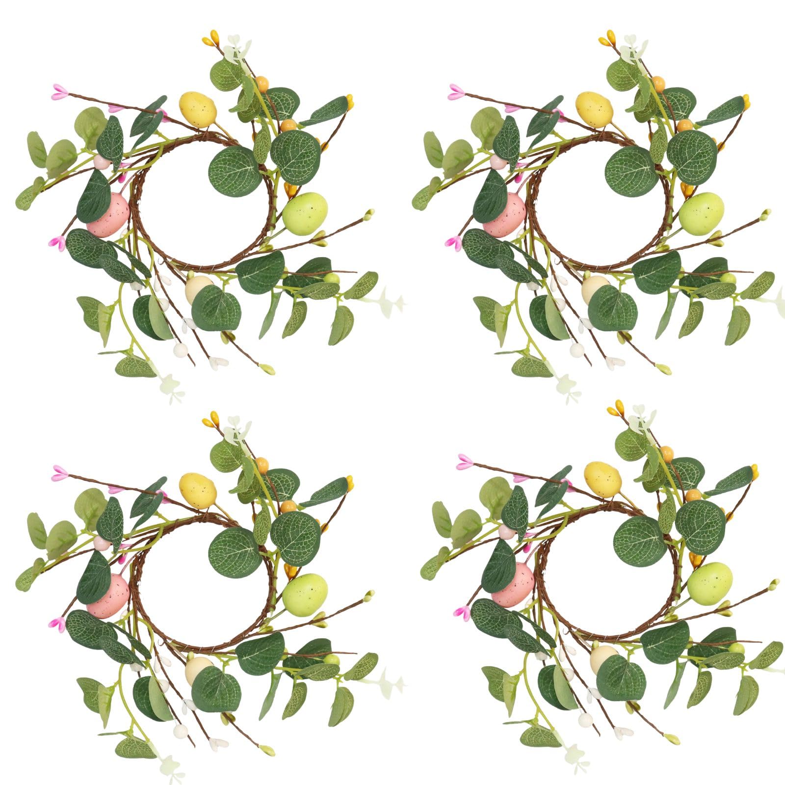 BEIJIALY 4-Pack Easter Candle Rings - Farmhouse Style Artificial Wreaths with Easter Eggs & Pip Berries for Table Decor - Green (Perfect for Easter Holiday Centerpieces, Spring Home Decor & Farmhouse Themed Parties)