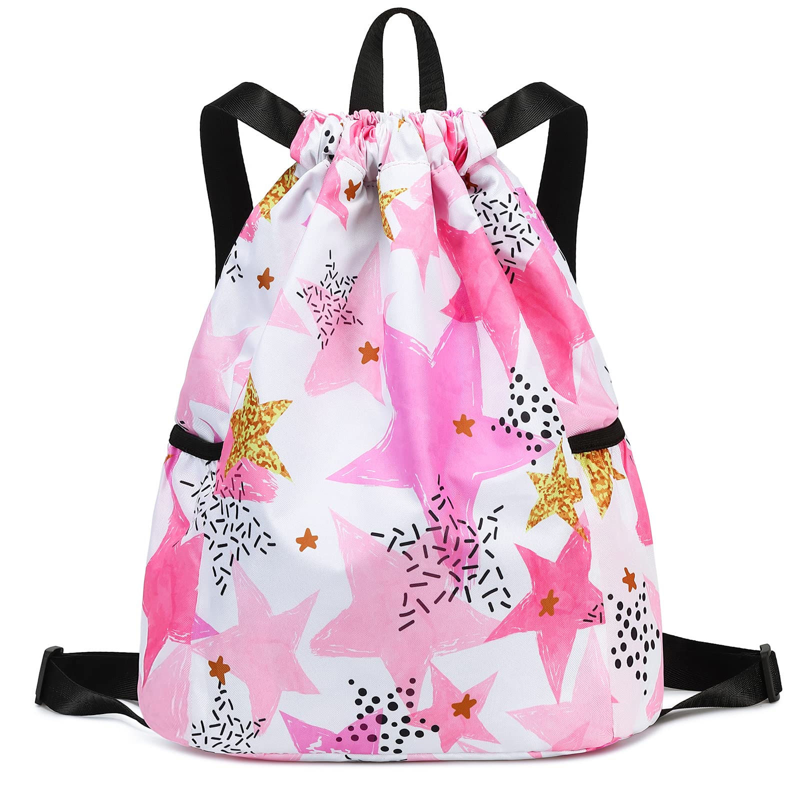 Waterproof Drawstring Backpack - Lightweight Gym Sackpack for Women & Girls, Sports Travel Bag with Adjustable Straps (Stars Pink) - Perfect for Yoga, Running, Beach & School Activities