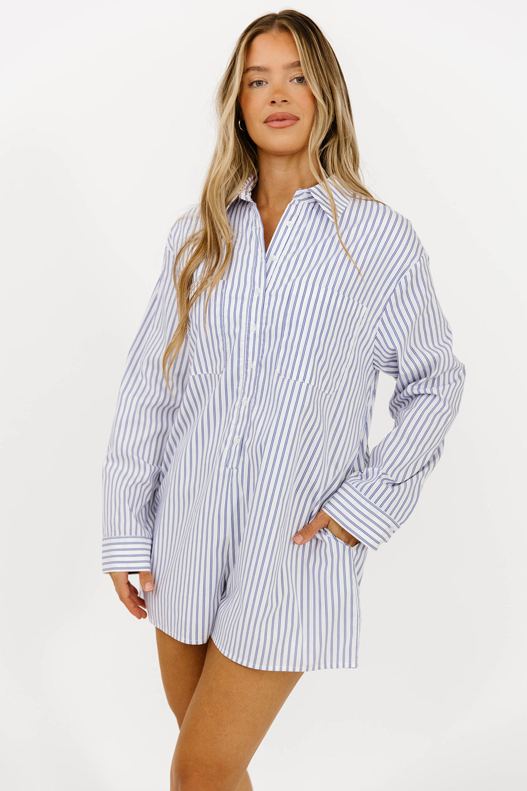 Etta Oversized Striped Shirt Romper for Women - Blue Casual Jumpsuit with Pockets | Perfect for Beach, Vacation & Summer Outfits
