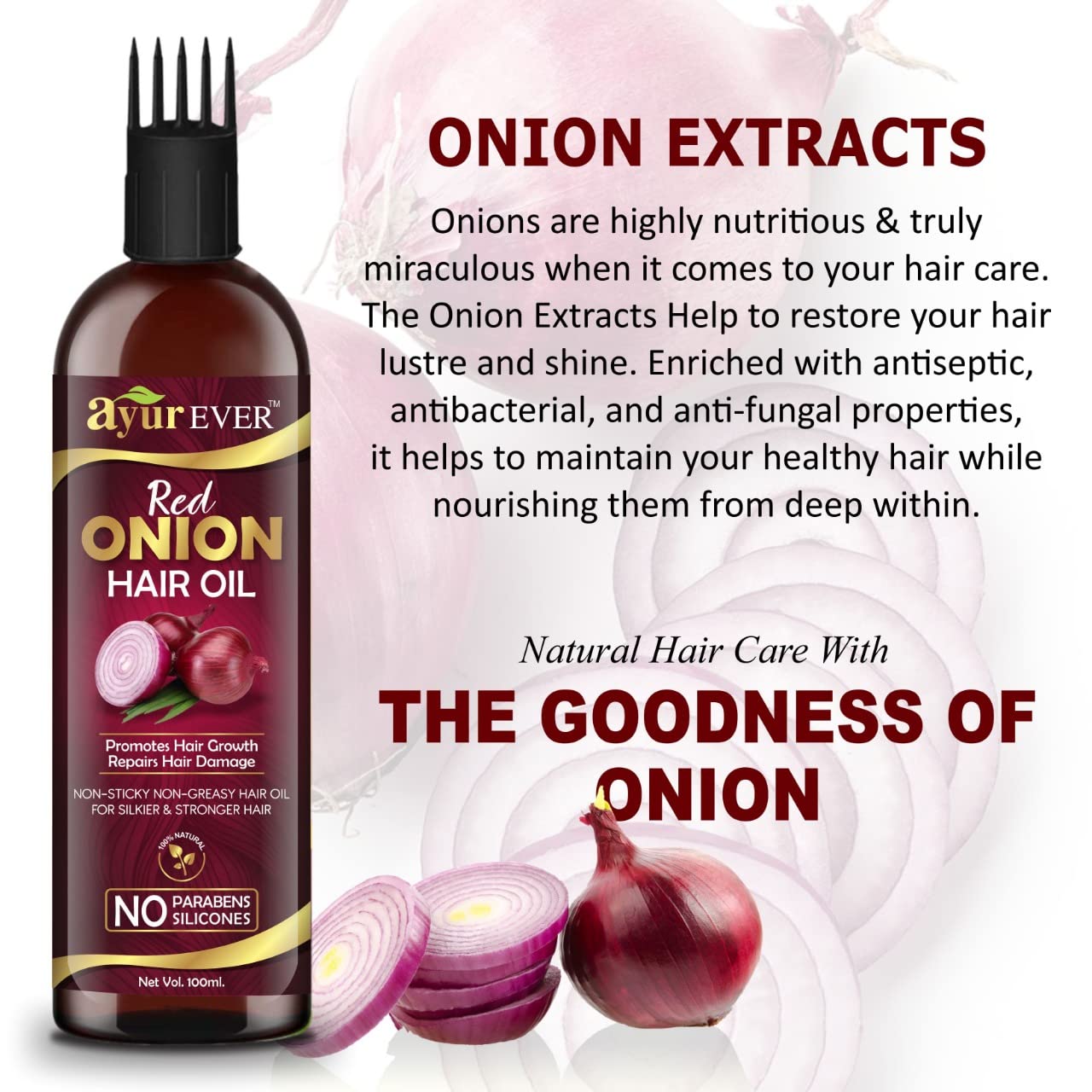 AYUREVER Red Onion Hair Oil for Hair Growth & Hair Loss Treatment - Anti-Dandruff Scalp Care with Deep Root Comb Applicator (100ml) - Promotes Thicker, Stronger Hair for Men & Women | Daily Hair Care & Styling Essential