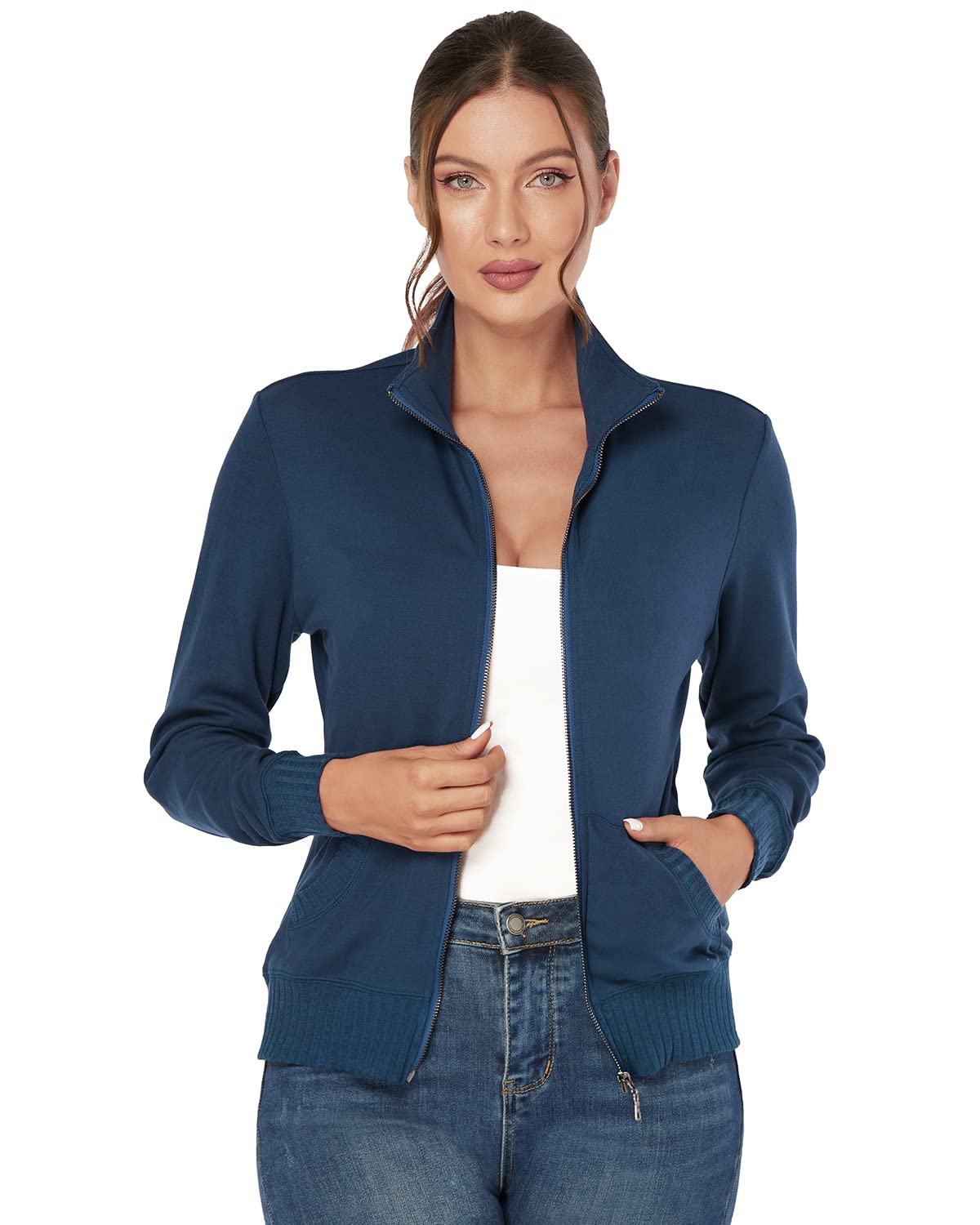 J.Corrine Women's Zip Up Hooded Sweatshirt Jacket - Stand Collar Long Sleeve Athletic Running Track Coat with Pockets - Navy Blue - Perfect for Gym, Jogging & Casual Wear
