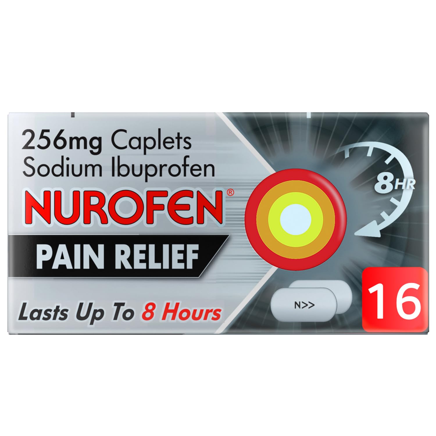 Nurofen Ibuprofen 256mg Caplets (16 Pack) - Fast-Acting Pain Relief for Joint, Back & Knee Pain | Cold & Flu Medicine | Long-Lasting OTC Painkiller for Headaches, Muscle Aches & Period Pain | Home & Travel First Aid Essential