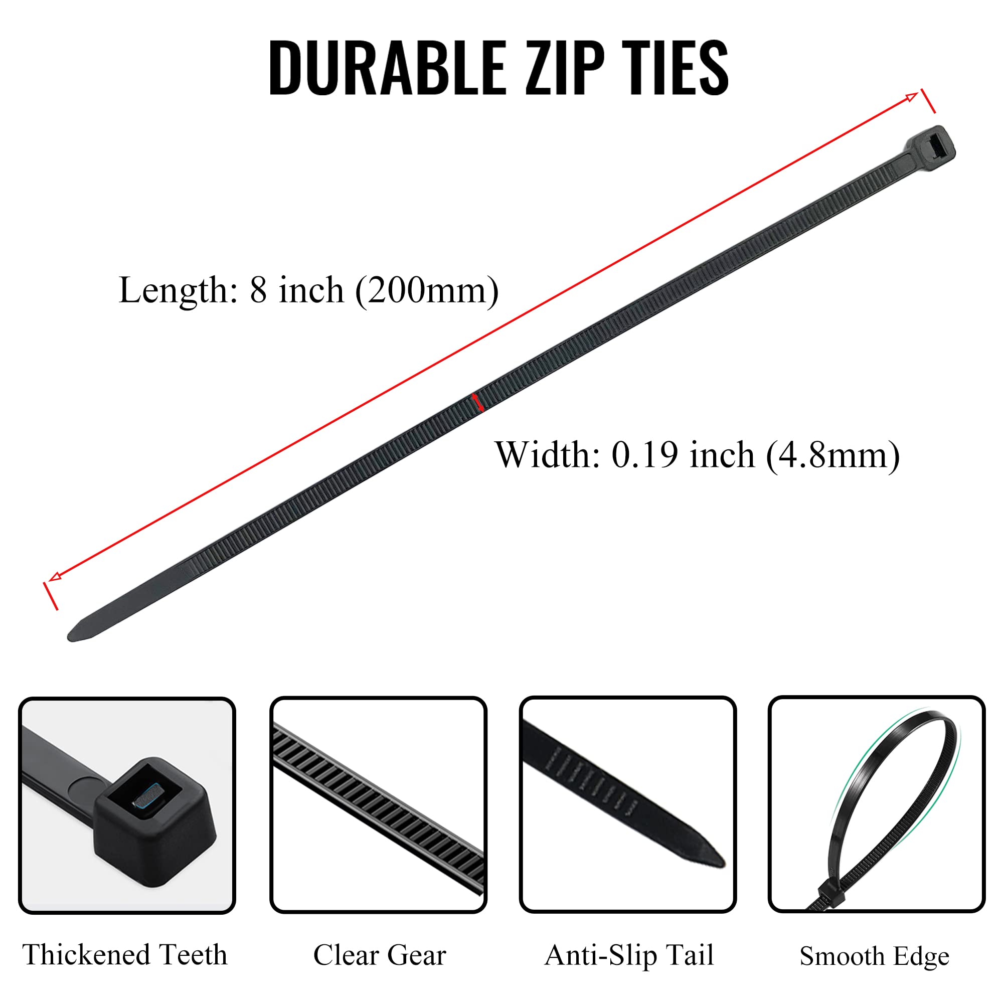 1000 Pack 8 Inch Black Zip Ties - 50lbs Tensile Strength Self-Locking Cable Ties for Indoor & Outdoor Use - Perfect for Organizing Wires, Securing Plants & DIY Projects