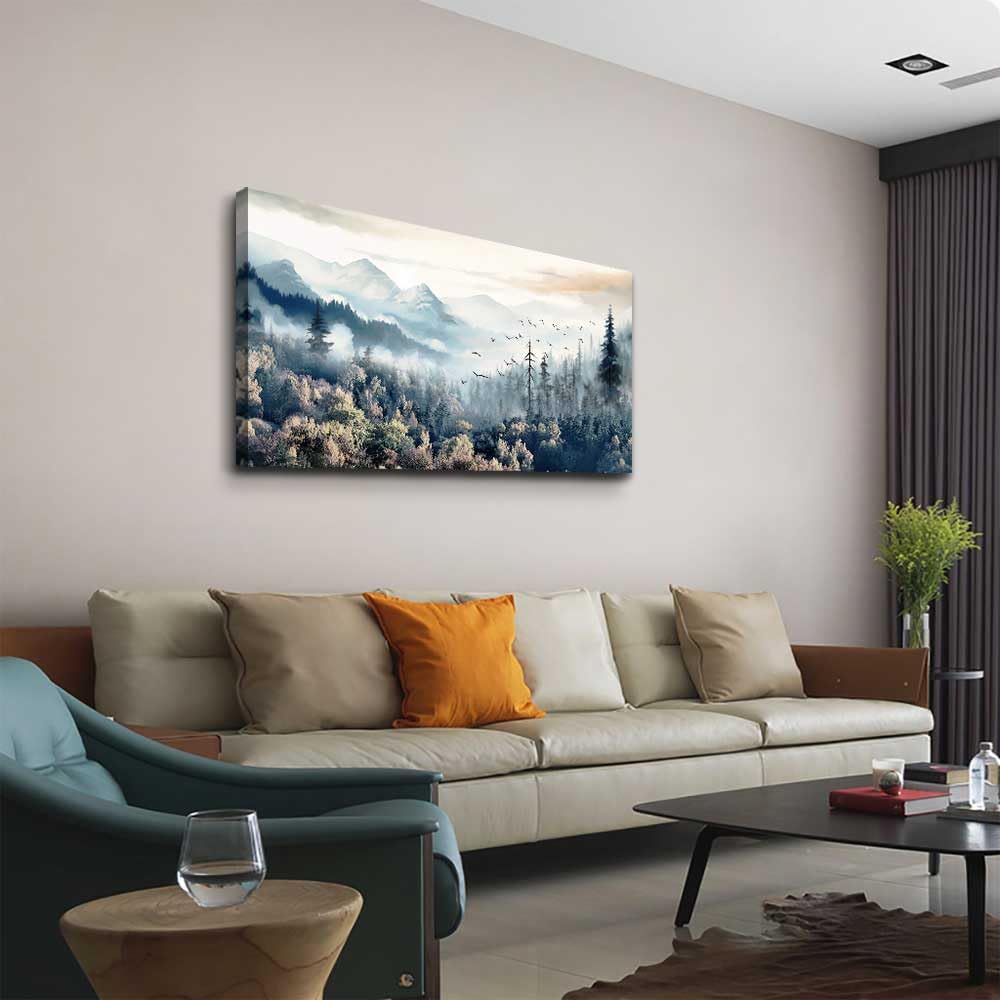 Large Framed Canvas Wall Art - Fog Forest Landscape Painting for Living Room, Office & Bedroom Decor | Modern Home Wall Decorations & Prints | Perfect for Housewarming Gifts & Interior Design