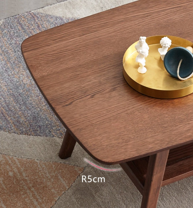 Solid Oak Wood Walnut Finish Double Layer Coffee Table - Modern Living Room Furniture for Home Decor & Small Space