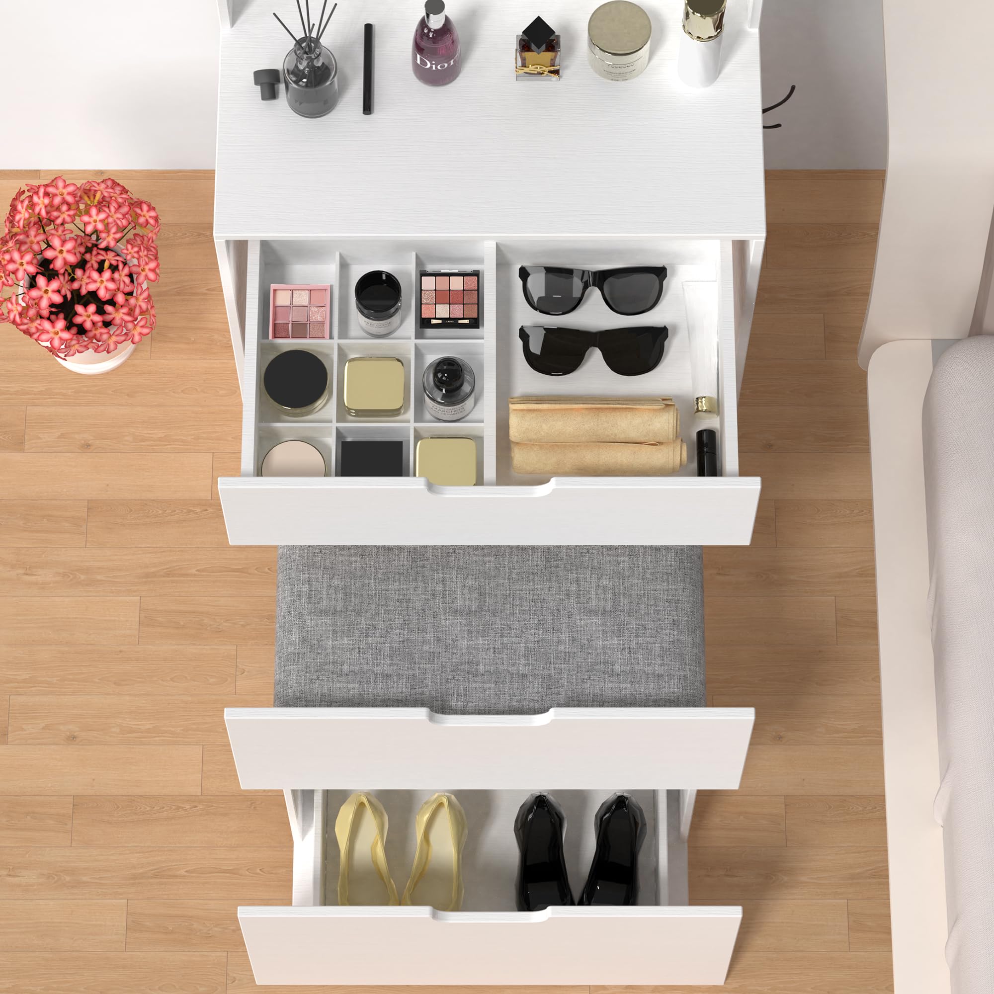Compact White Makeup Vanity Set with 3 Adjustable LED Mirrors, Storage Chair & Power Outlets - Space-Saving Dressing Table for Small Bedrooms, Apartments & Dorm Rooms - Perfect for Daily Beauty Routine & Makeup Organization