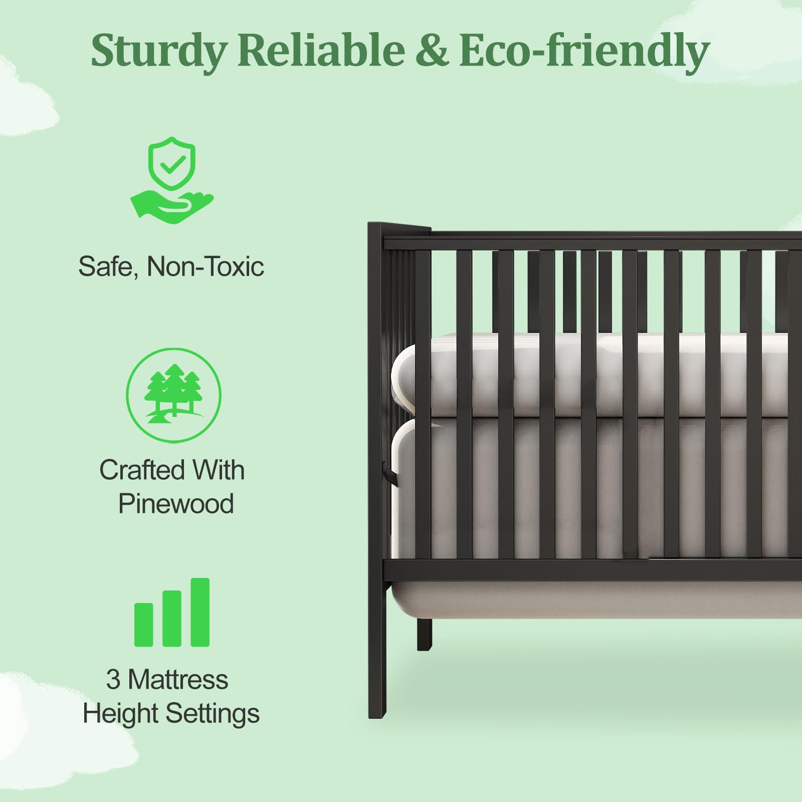 5-in-1 Convertible Baby Crib to Toddler Bed & Full Size Bed Frame - Safe Nursery Furniture for Boys & Girls - Perfect for Newborns, Infants & Growing Kids (Mattress Not Included) | Ideal for Nursery Rooms, Daycare Centers & Family Homes