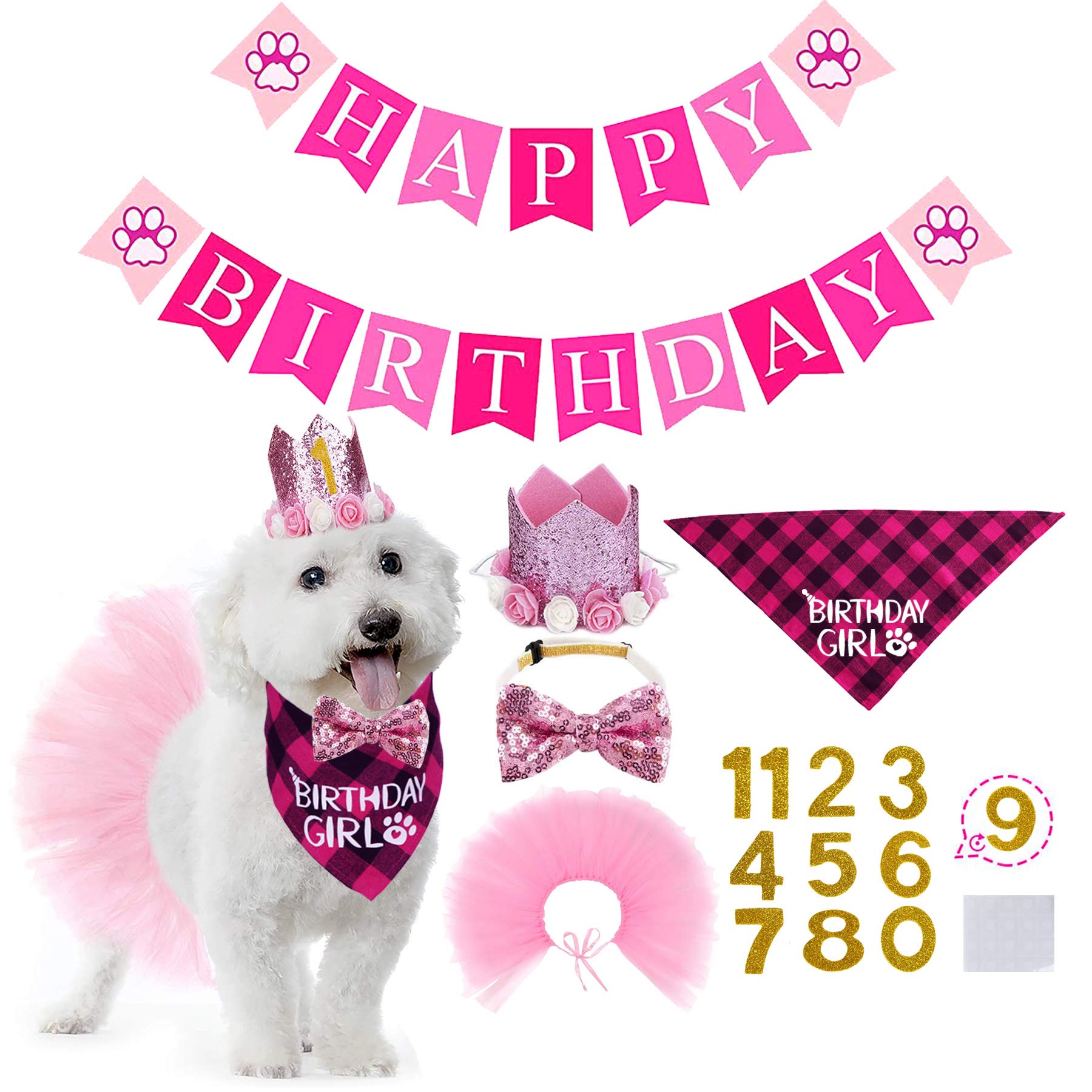 STMK Dog Birthday Outfit for Girl Puppies - Pink Tutu Skirt, Bandana, Number Crown Hat & Bowtie Set with Happy Birthday Banner | Perfect for Pet Birthday Parties, Photo Shoots & Special Celebrations
