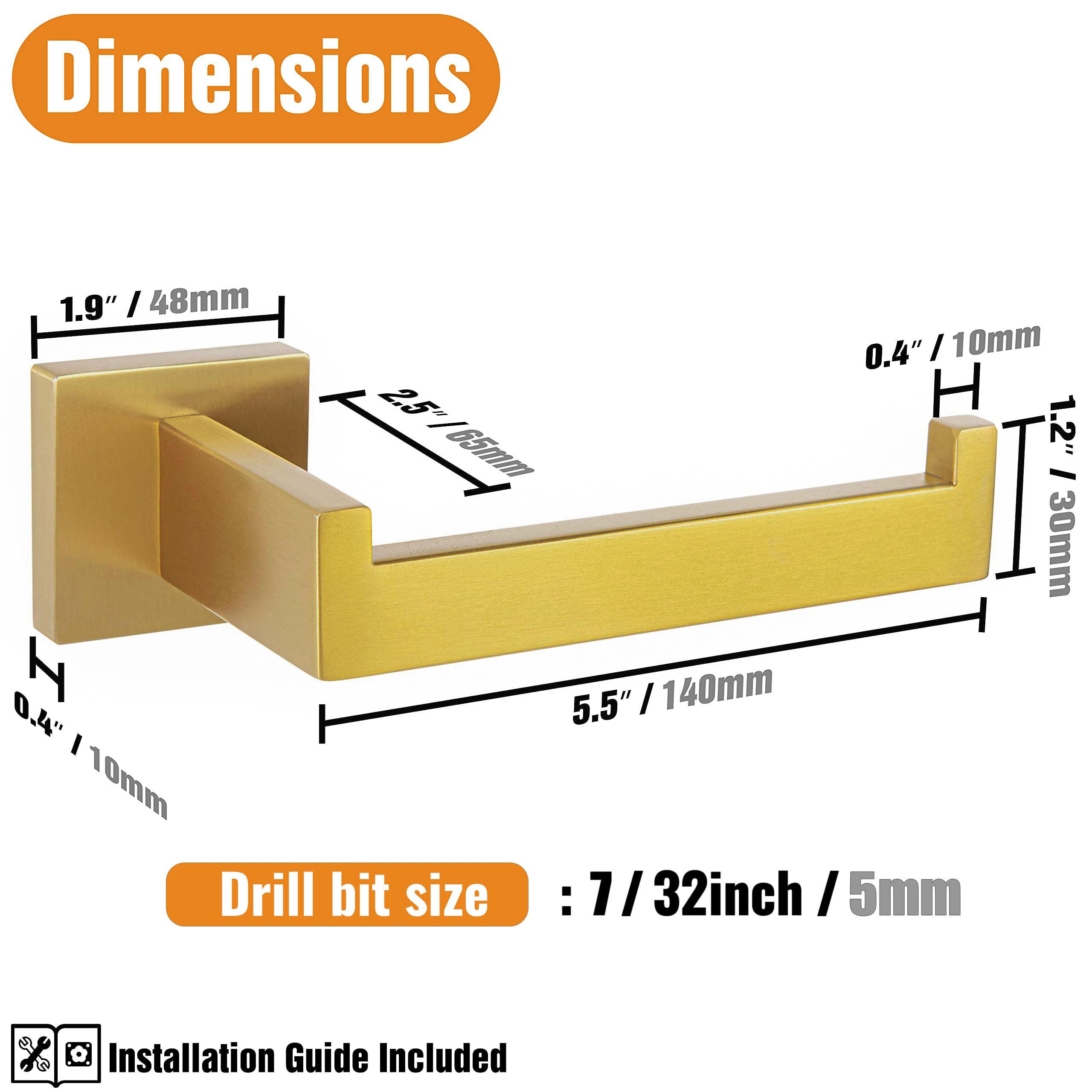 HITSLAM Brushed Gold Brass Toilet Paper Holder - Premium 304 Stainless Steel Wall Mount Bathroom Tissue Roll Holder - Rustproof Square Design for Modern Home & Luxury Hotel Bathrooms