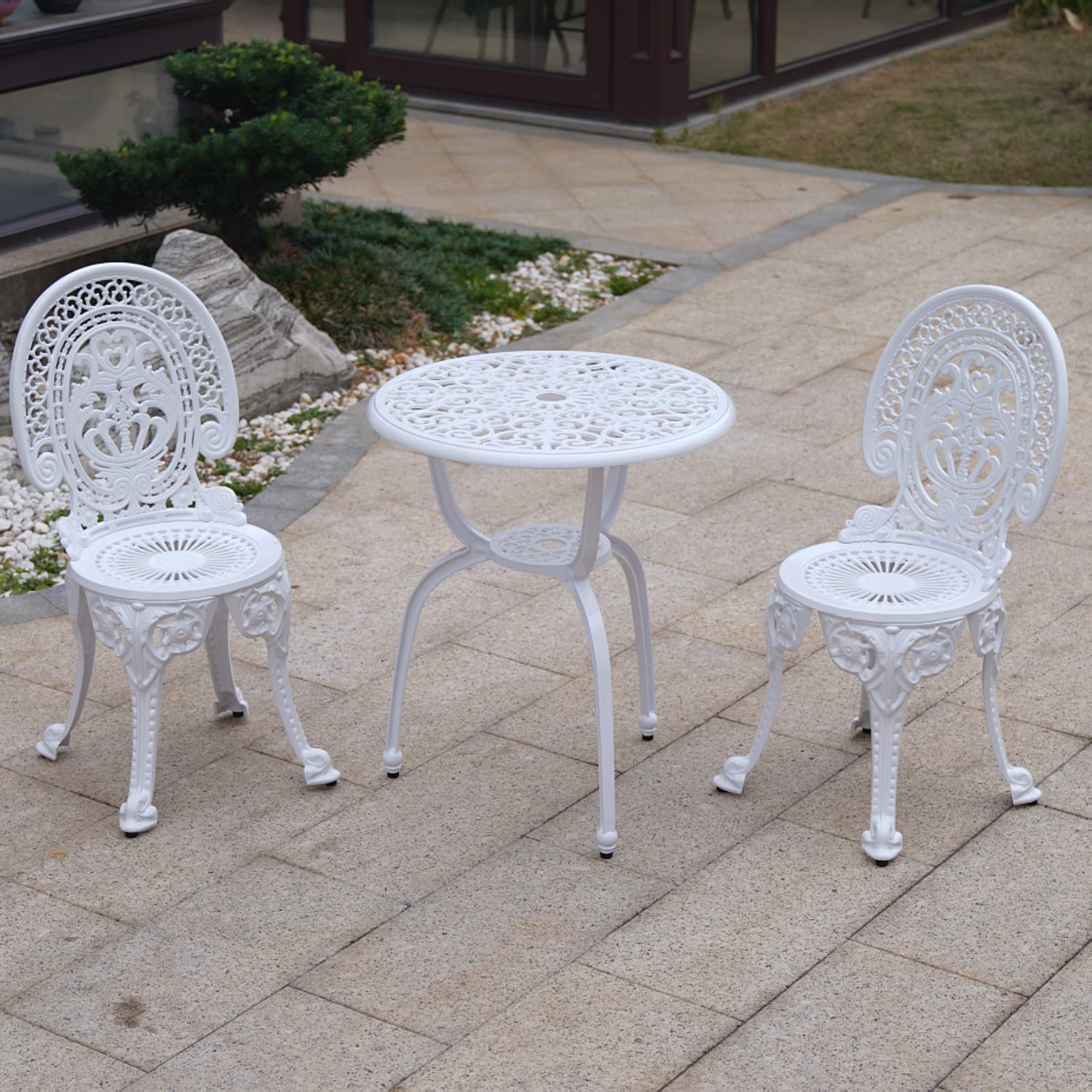 KAILI 3-Piece Patio Bistro Set - Cast Aluminum Outdoor Furniture with Rust-Proof White Metal Table & Chairs for Garden, Balcony, or Backyard Dining (Crown-White)