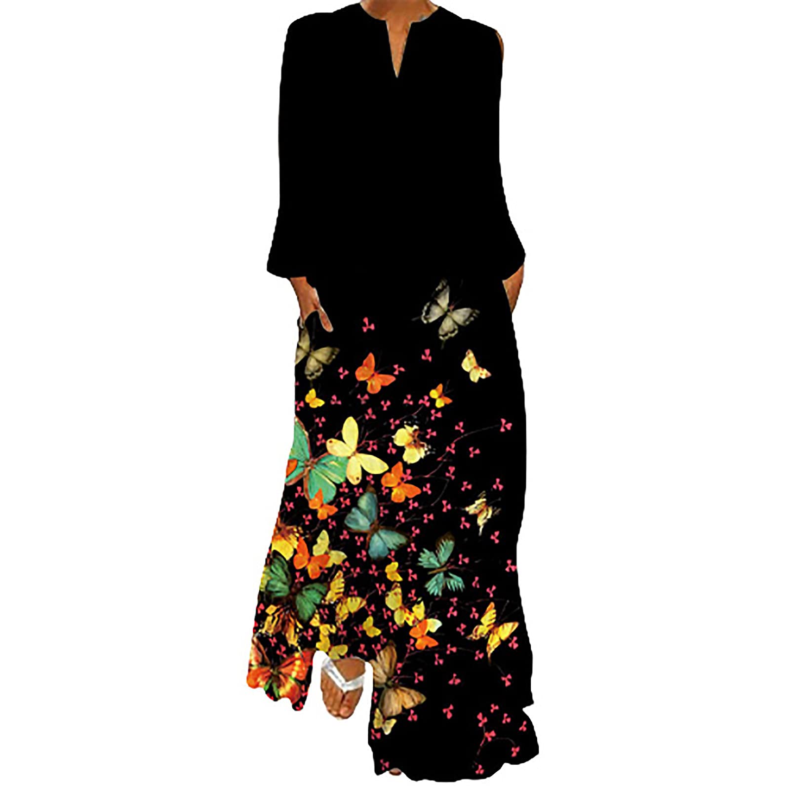 Women's Long Sleeve Maxi Dress - Vintage Butterfly Print Casual Summer Dress with Pockets | Perfect for Beach, Vacation, and Everyday Wear