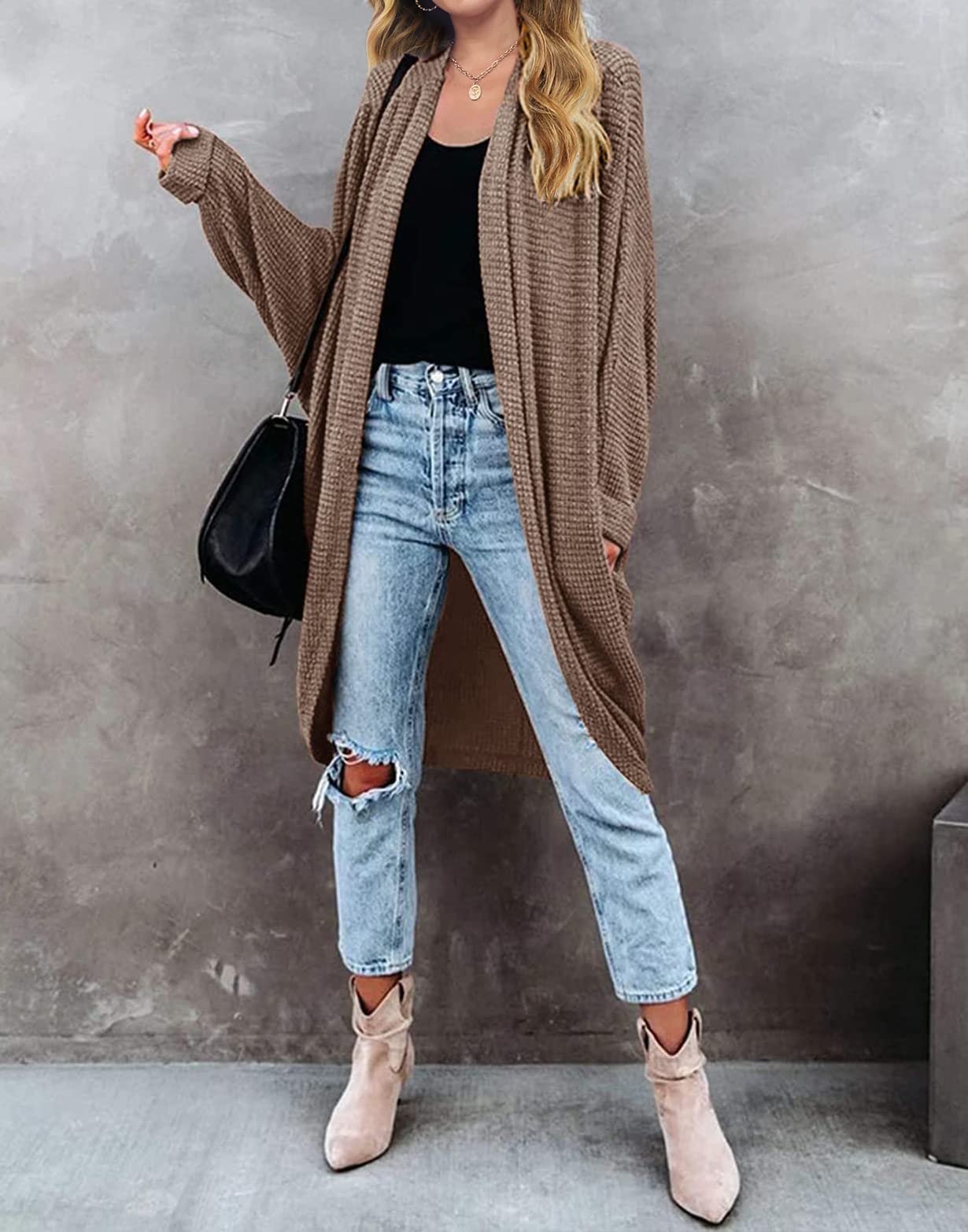 MEROKEETY Women's 2025 Fall Waffle Knit Batwing Long Sleeve Cardigan - Loose Open Front Sweater Coat for Casual Outfits & Layering in Cool Weather