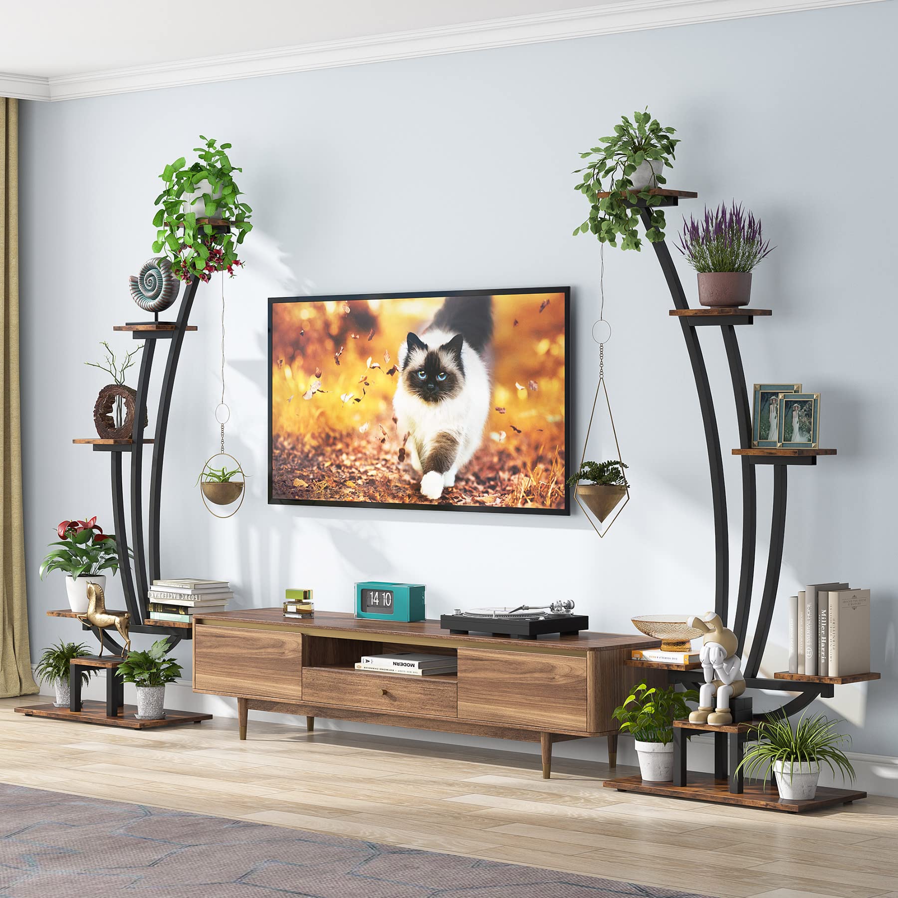 Tribesigns 6-Tier Tall Indoor Plant Stand - Set of 2 Metal Curved Display Shelves with Hanging Hooks for Bonsai, Flower Pots & Home Decor - Perfect for Living Room, Garden, Balcony & Indoor Plants Organization