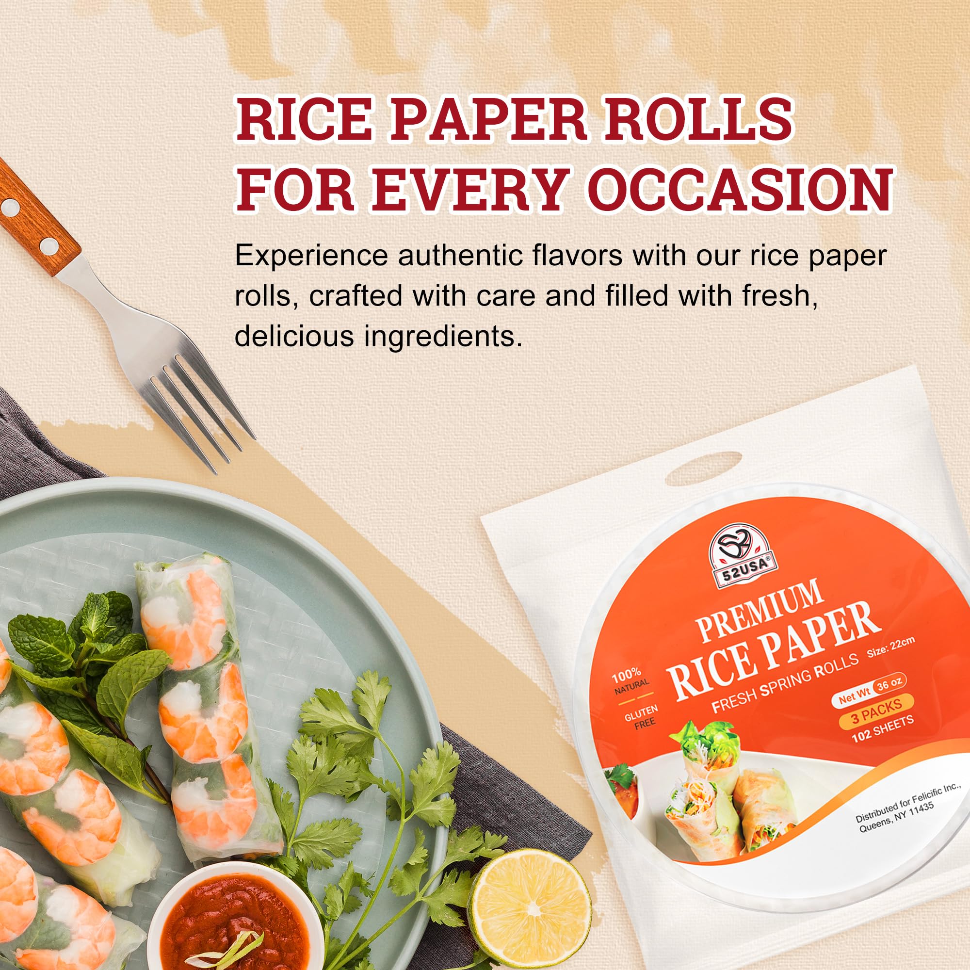 52USA Rice Paper Wrappers - 3 Pack (102 Sheets) | Gluten-Free, Vegan, Low Carb Spring Roll & Dumpling Wraps | 22cm Round Vietnamese Rice Paper for Fresh Rolls, Wontons & Asian Cuisine | Perfect for Home Cooking, Meal Prep & Healthy Snacks