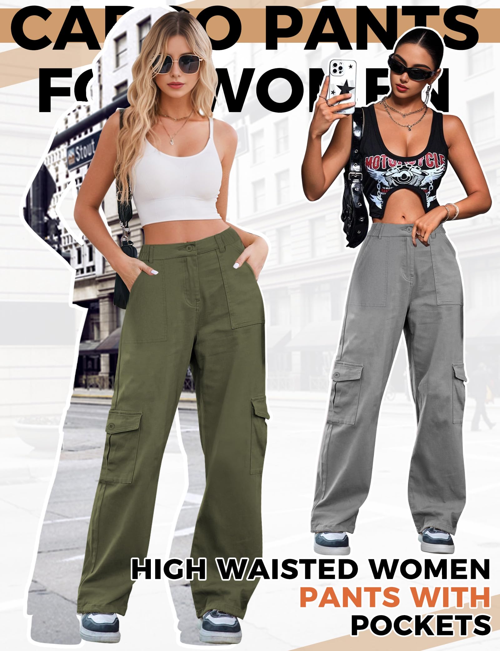 Women's High Waist Cargo Pants - Stretchy Straight Leg Wide Trousers with Multiple Pockets | Baggy Casual Streetwear for Women | Y2K Fashion | Perfect for Outdoor Activities, Travel & Everyday Wear