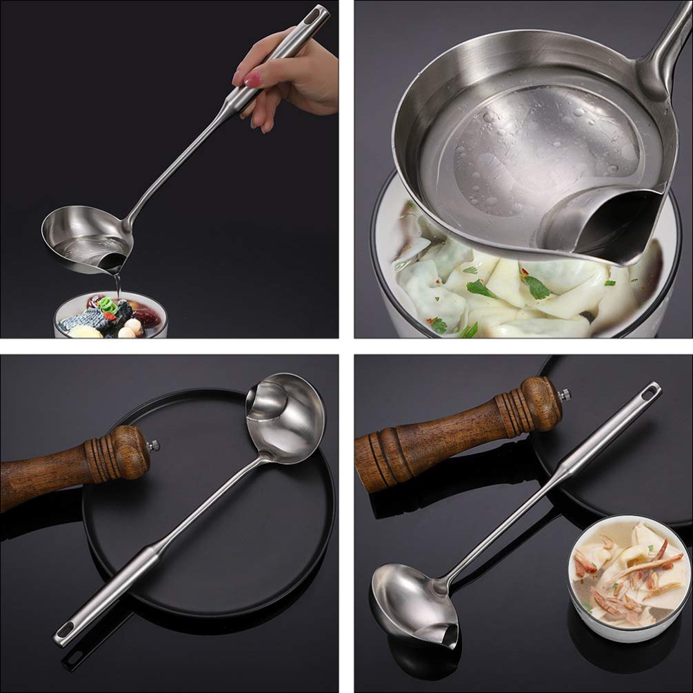 Premium Stainless Steel Oil Separator Spoon - Anti-Scalding Plastic Handle Soup Skimmer Ladle for Kitchen - Perfect for Removing Fat from Broth, Stew, and Soup - Ideal for Home Cooking & Restaurant Use