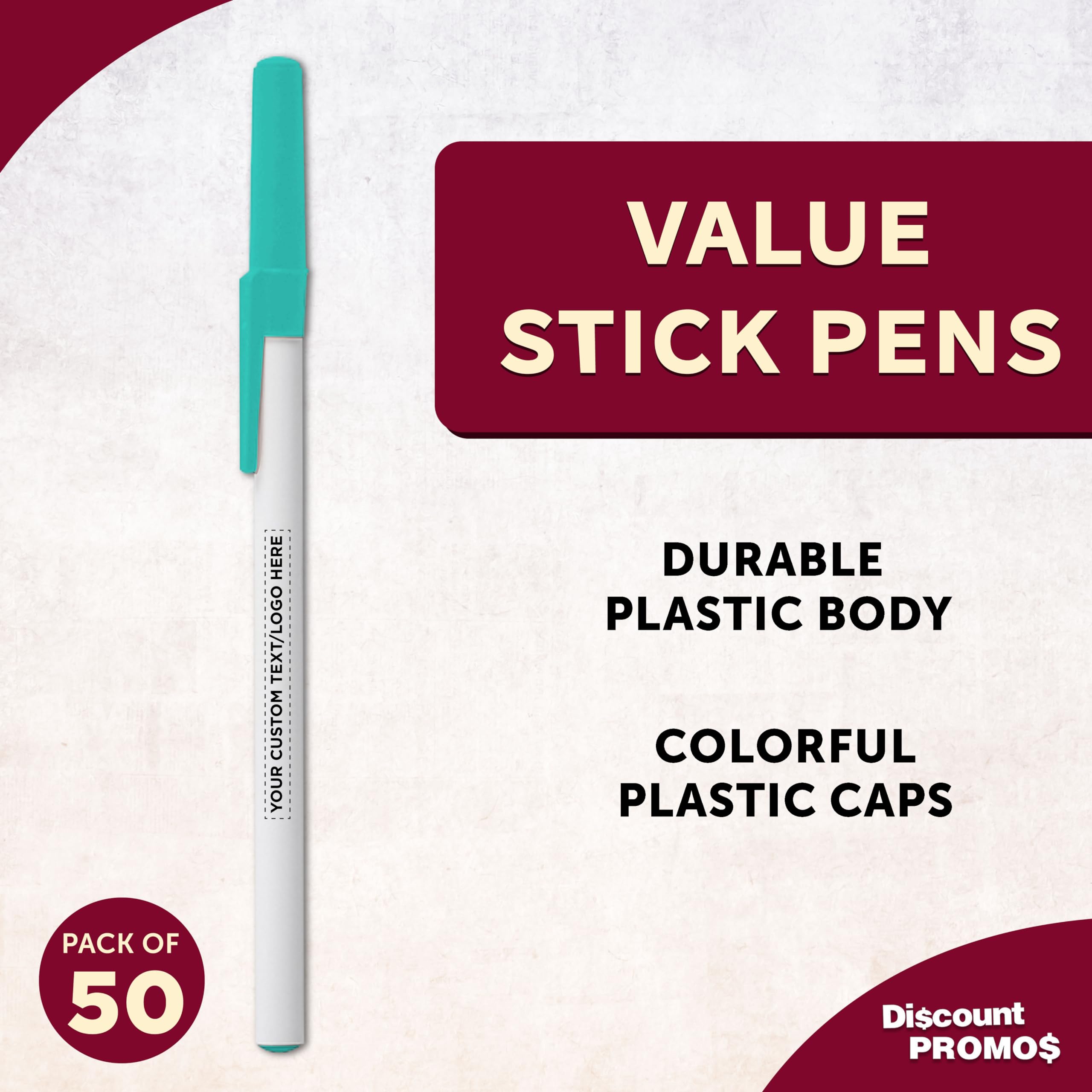Custom Printed Bulk Pack of 50 Black Ink Stick Pens - Personalized Promotional Pens for Office, School, Business, Tradeshows & Events - Perfect for Branding, Giveaways & Corporate Gifts (Teal)