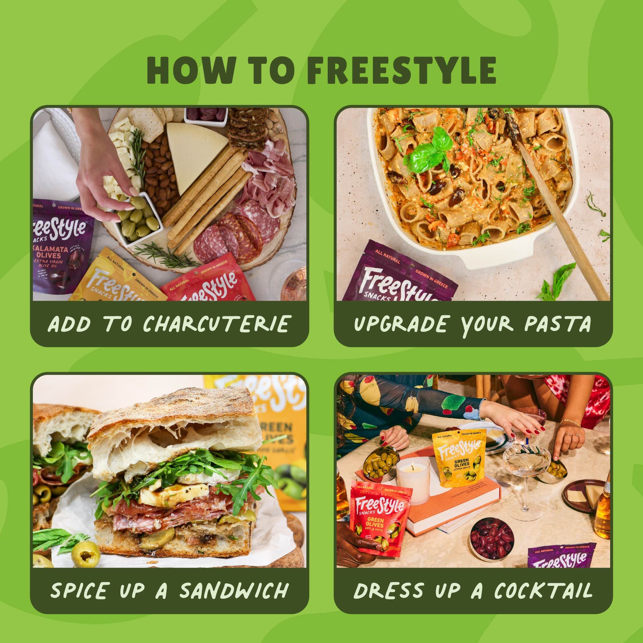 Freestyle Snacks Olive Snack Packs - Fresh Pitted Kalamata & Green Olives from Greece, Jumbo-Sized, All Natural, Non-GMO, Paleo & Keto Friendly, Sugar-Free Healthy Snacks - Variety Pack (6 Pack, 4oz Each) - Perfect for Office, Travel, Picnics & Low-Carb Diets