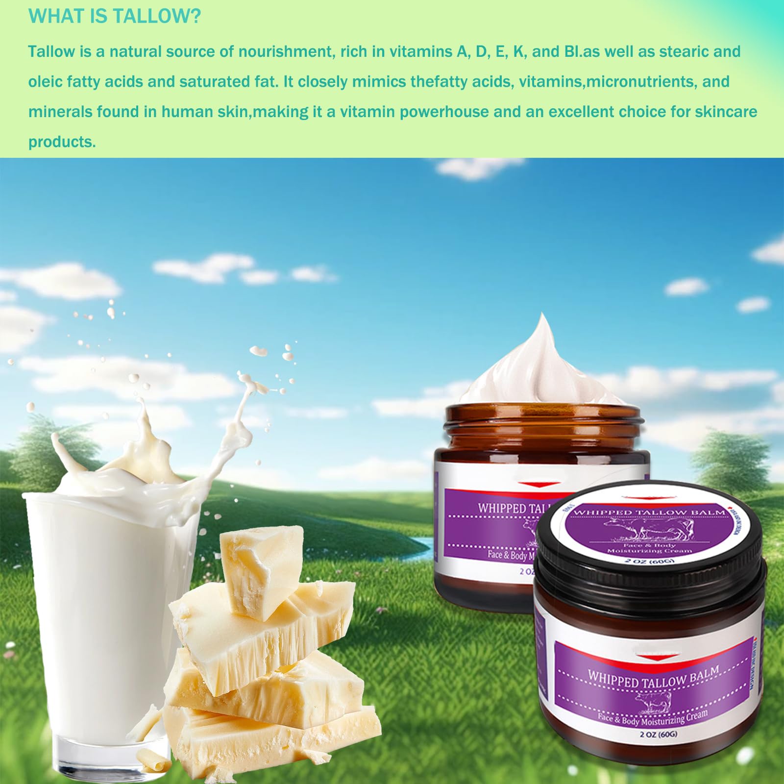 Organic Whipped Tallow Cream for Face & Body - 100% Grass-Fed Beef Tallow Moisturizer for Dry Skin - Handmade Skin Care Lotion 5.7oz - Perfect for Eczema, Psoriasis & Winter Hydration