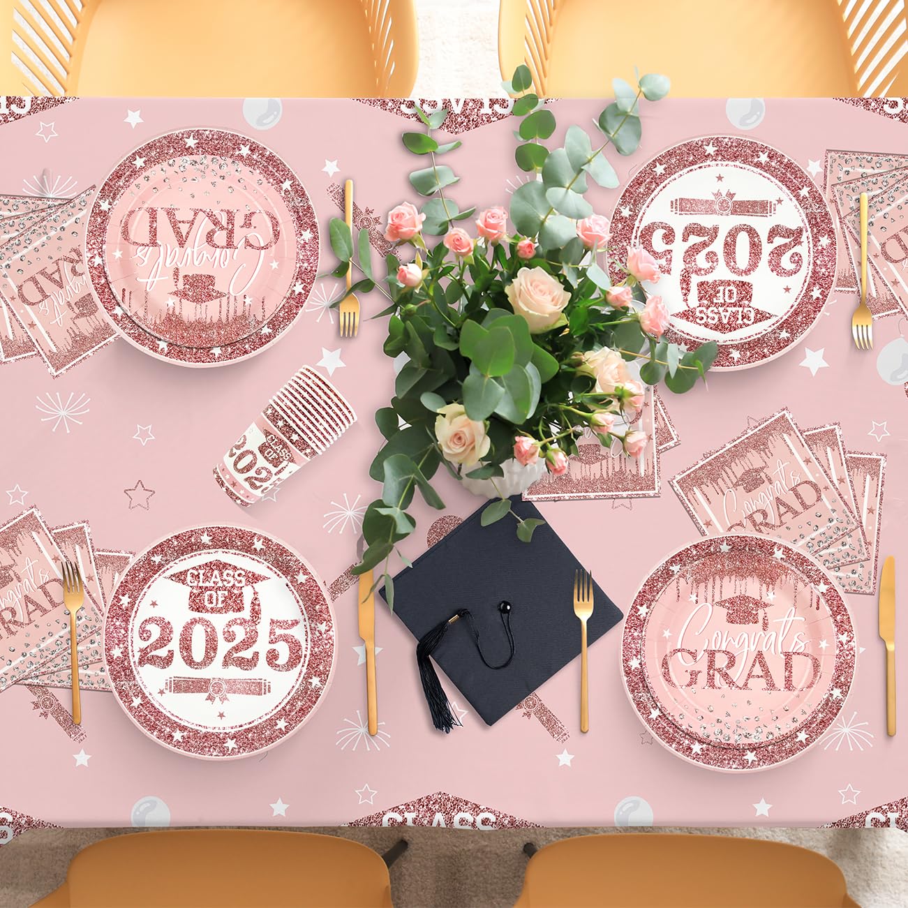 **2025 Graduation Party Decorations Set - Pink Plates, Napkins, Cups, Tablecloths, Banner, Cake Topper & Balloons - Congrats Grad Supplies for 20 Guests - Perfect for Graduation Ceremonies & Celebrations**