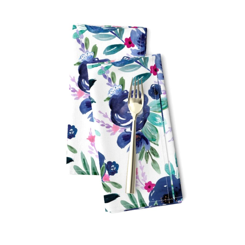 Bohemian Floral Printed Linen Cotton Canvas Dinner Napkins Set of 2 - Blue Rose Garden Botanical Design for Elegant Dining, Wedding Decor & Home Table Setting