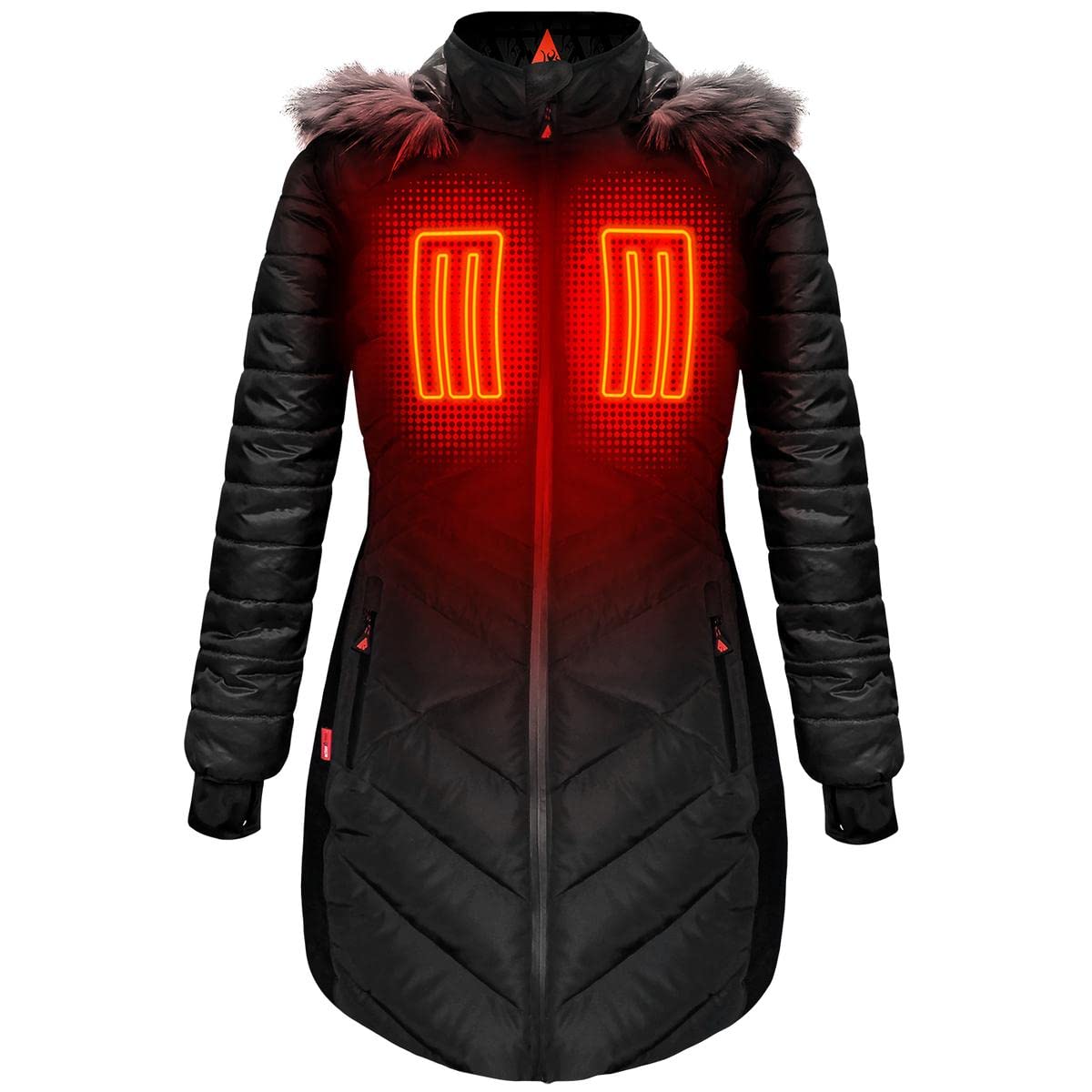 ActionHeat Women's Long Puffer Heated Jacket - Stylish Winter Heated Coat with Hood for Outdoor Activities, Skiing & Cold Weather