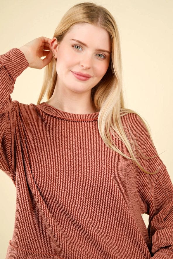 Stylish Rust Oversized Ribbed Long Sleeve T-Shirt for Women | Comfortable Fall & Winter Casual Wear | Perfect for Layering, Office, and Weekend Outfits