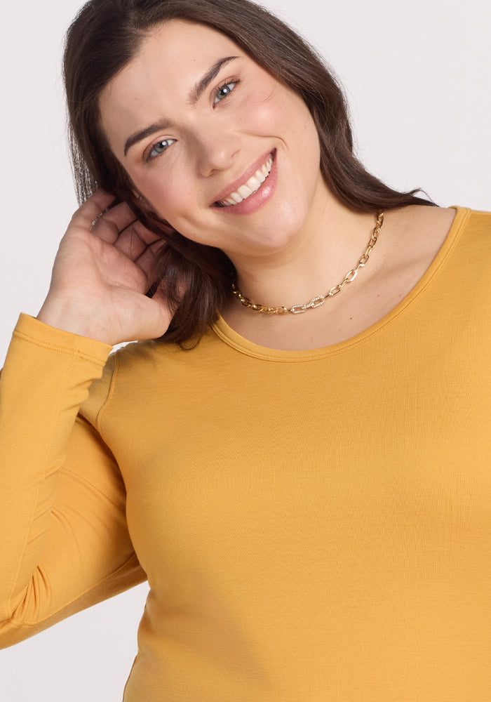 Remi Long Sleeve T-Shirt for Women - Soft Cotton Crewneck Top in Marigold Yellow | Casual Wear, Layering & Everyday Comfort