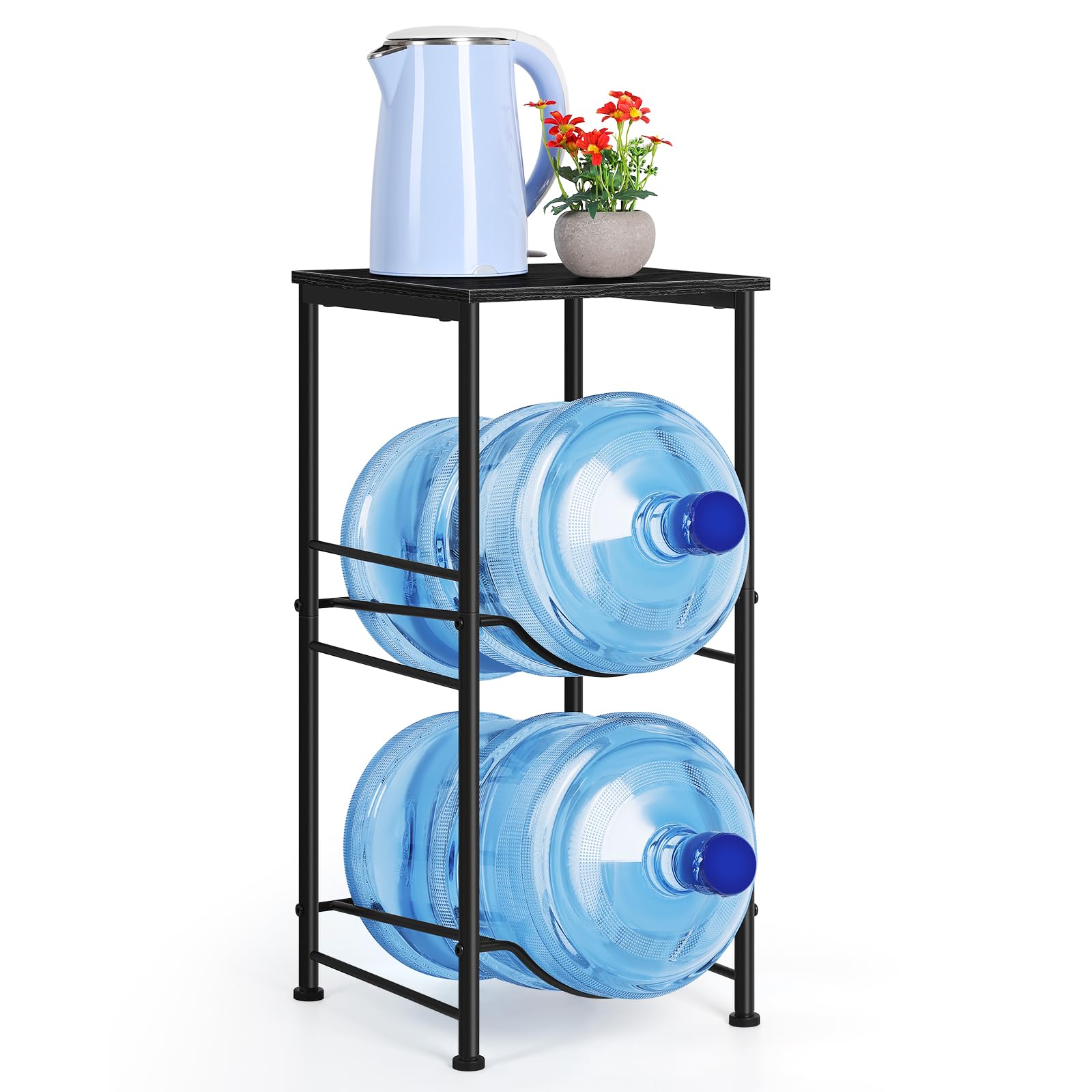 5 Gallon Water Bottle Holder Organizer - Heavy Duty 2-Tier Water Cooler Jug Storage Rack with Top Shelves | Durable Water Dispenser Stand for Kitchen, Office, Living Room | Perfect for Home, Workplace & Outdoor Use (Black)