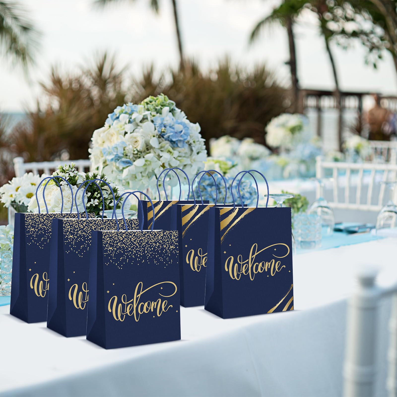 50 Pack Welcome Gift Bags with Handles & Tissue Paper - Navy Blue Kraft Paper Favor Bags for Church, Wedding, Birthday Party, Hotel Guests & Special Events - Bulk Party Supplies for Warm Welcome Gifting