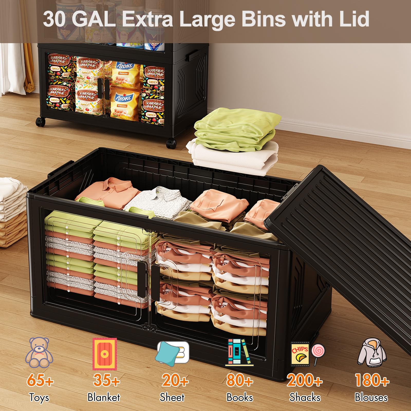 120 Gallon Stackable Storage Bins with Wheels & Lids - Collapsible Closet Organizers for Home, Office & Garage - Heavy Duty Plastic Storage Box Shelf for Clothes, Toys & Seasonal Items - Black (Set of 2) - Perfect for Space Saving Organization & Easy Mobility