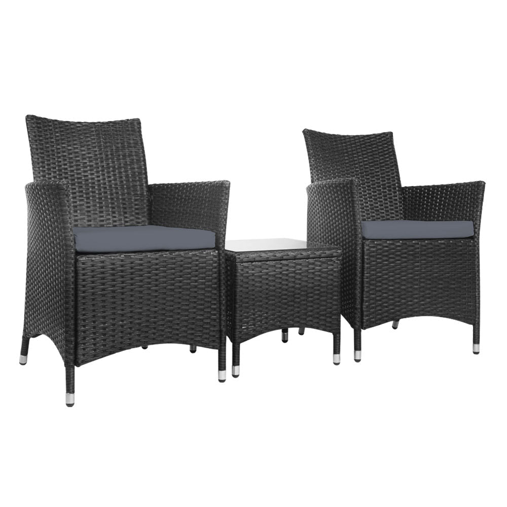 3-Piece Outdoor Bistro Set - Patio Furniture with Wicker Chairs, Table & Cushions in Black - Perfect for Garden, Balcony or Backyard Relaxation