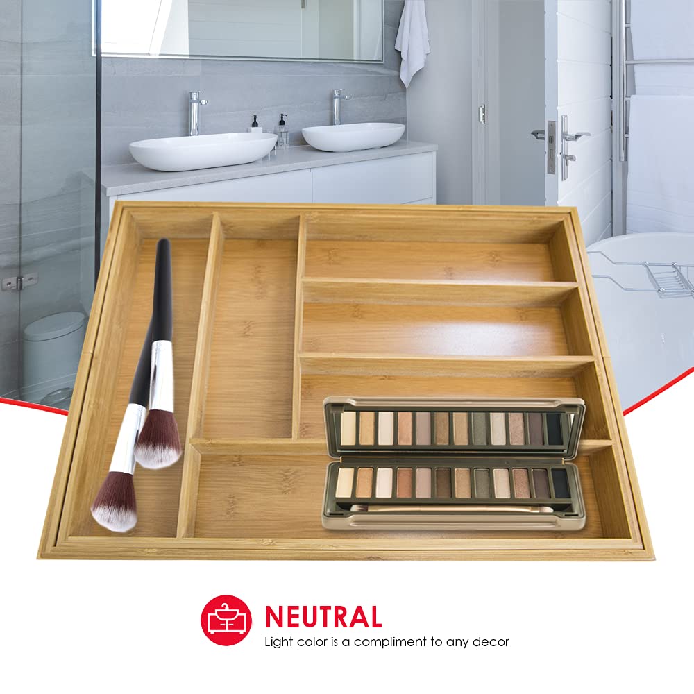 Expandable Bamboo Drawer Organizer with 8 Adjustable Compartments - Kitchen Utensil Tray, Cutlery Holder for Craft, Sewing, Office & Bathroom Storage - Perfect for Organizing Spices, Makeup, Office Supplies & Kitchen Tools