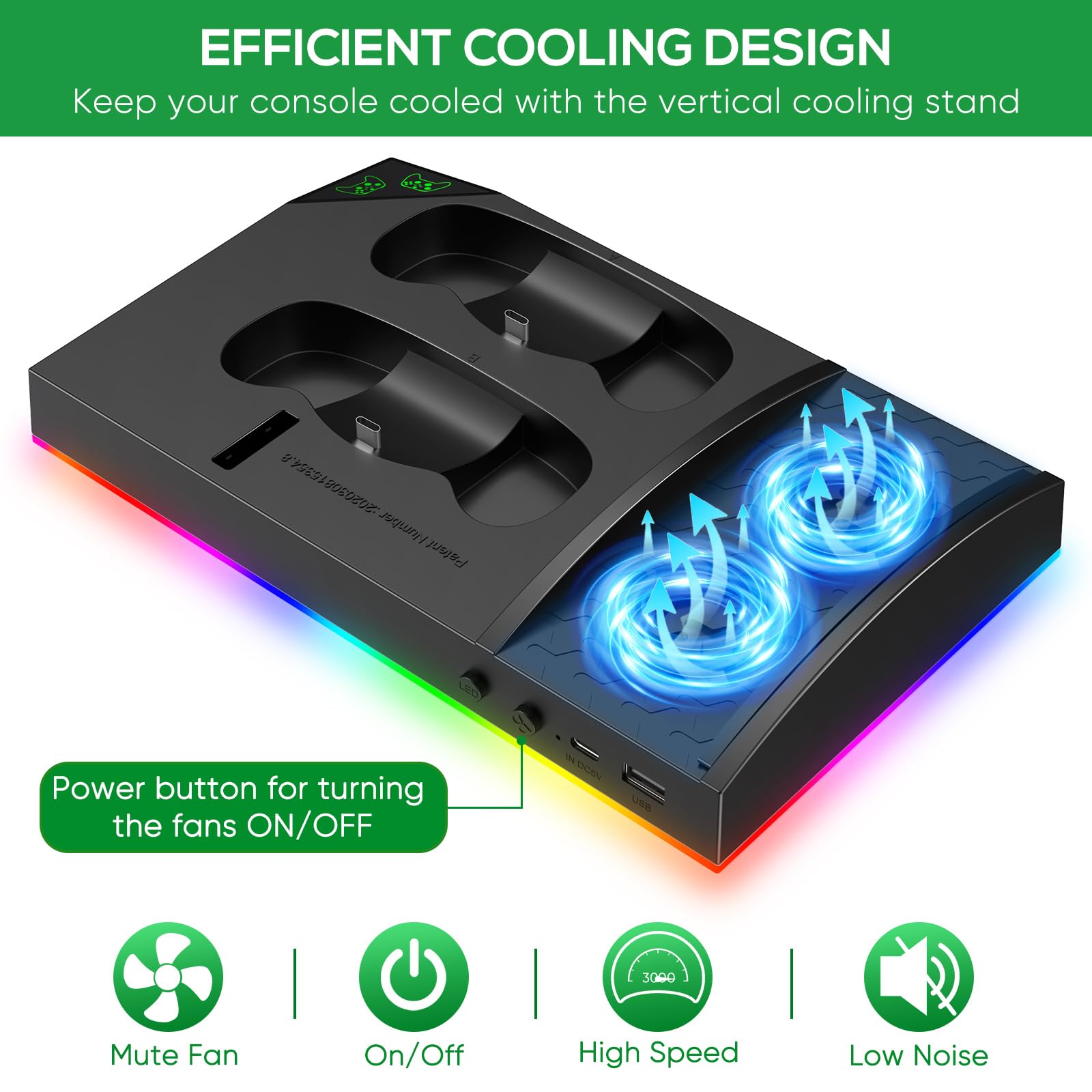 Xbox Series S Charging & Cooling Fan Stand - Dual Controller Charger Station with 15 LED Light Modes, Headset Hook & USB C Cable - 1400mAh Battery Cooler System for XSS (Black) | Perfect for Gaming Sessions & Console Protection