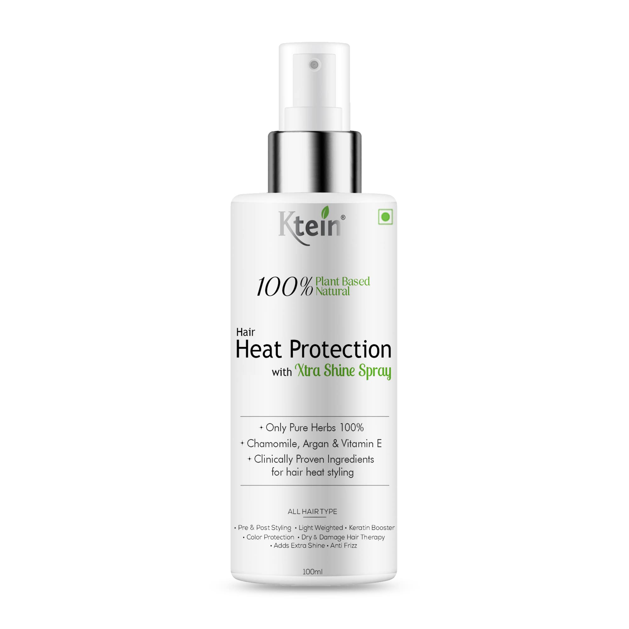 100% Plant Based Hair Heat Protection Spray with EXTRA SHINE - Chamomile, Argan Oil & Vitamin E (100ml) | Thermal Styling Guard for Curling Irons, Flat Irons & Blow Dryers | Vegan & Cruelty Free