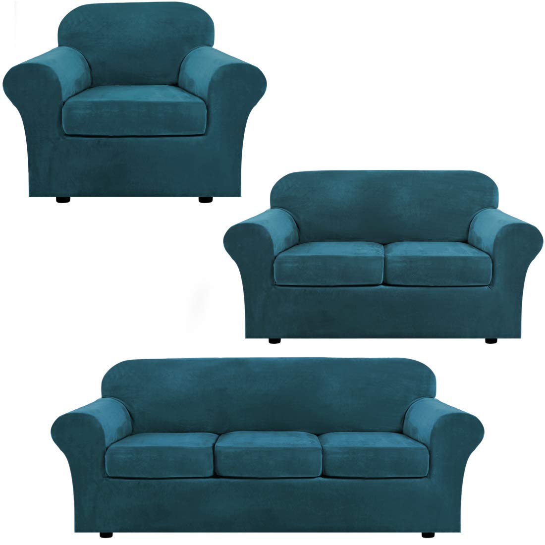 H.VERSAILTEX Velvet Stretch Sofa Covers Set - 3 Cushion Couch, Loveseat & Armchair Slipcovers (Deep Teal) | Soft, Washable & Non-Slip Furniture Protector for Living Room, Bedroom, Dorm & Apartment Decor