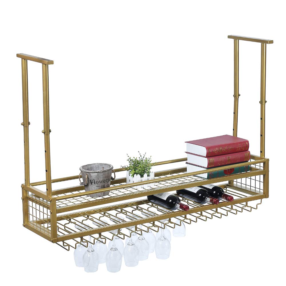 **47.2in Adjustable Metal Wine Glass Rack - Ceiling & Wall Mounted Hanging Holder for Bars, Restaurants & Home Kitchens - Industrial Iron Wine Shelf with Gold Finish (Perfect for Wine Storage & Display in Dining Rooms, Bars & Commercial Spaces)**
