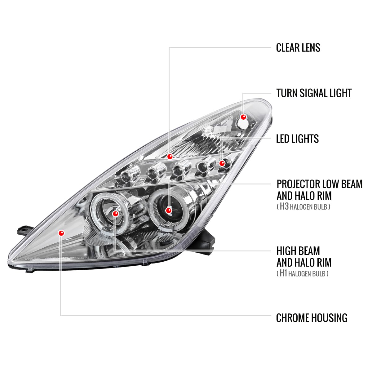 00-05 Toyota Celica GTS GT Clear Halo Projector Headlights - Pair of LED Angel Eye Lamps for Enhanced Night Driving & Custom Style