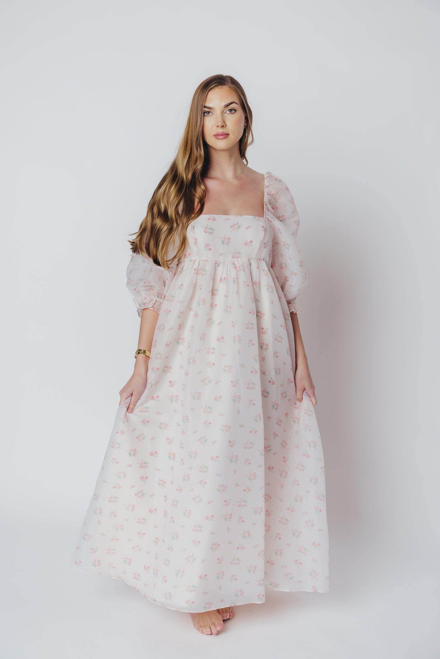 Mona Maxi Dress with Smocking - Blush Floral Print, Bump Friendly Maternity Dress, Inclusive Sizing S-3XL | Perfect for Weddings, Beach Vacations & Summer Outfits