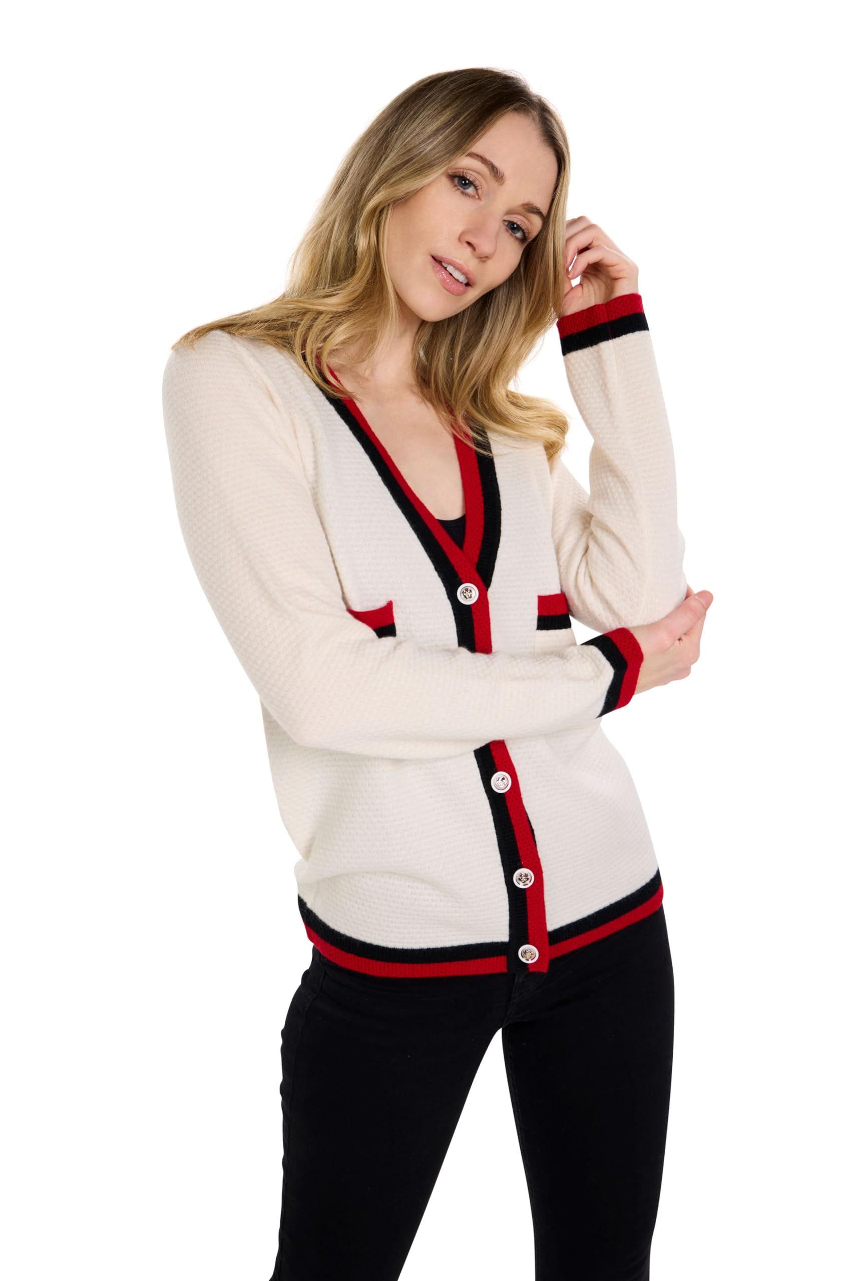 BEYOND FASHION 100% Pure Cashmere Women's V-Neck Button Front Cardigan Sweater - Perfect for Office, Date Night & Fall Layering