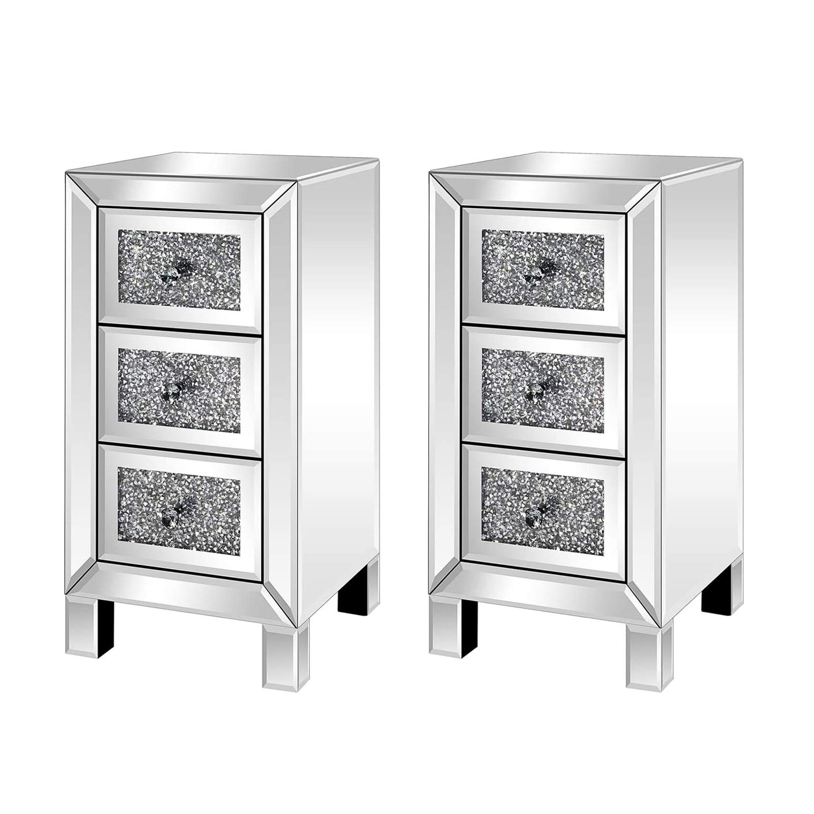 2-Pack Mirrored Nightstands with 3 Drawers - Silver Diamond Reflective Surface Bedside Tables with Crystal Knobs - Elegant Mirrored Wood Accent Tables for Bedroom, Living Room - Perfect for Modern Home Decor & Guest Room Setup