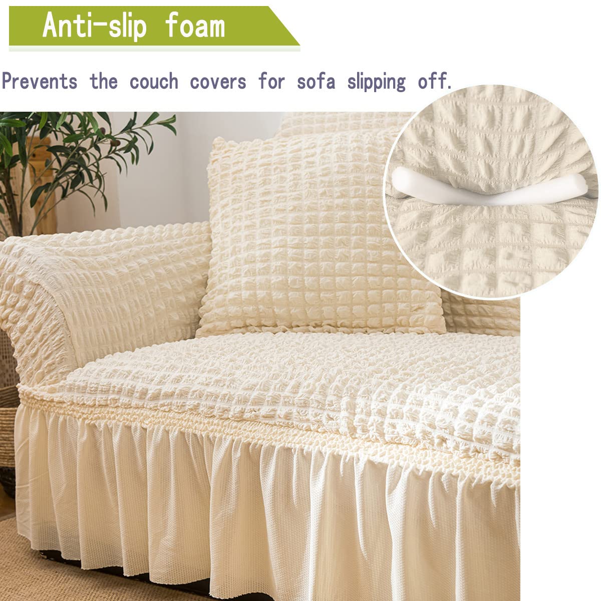 Qubjus Stretch Sofa Slipcover - Washable Couch & Sofa Bed Cover with Elastic Bottom & Skirt - Easy Fit Furniture Protector for Living Room, Bedroom, Office (Off-White, Small)