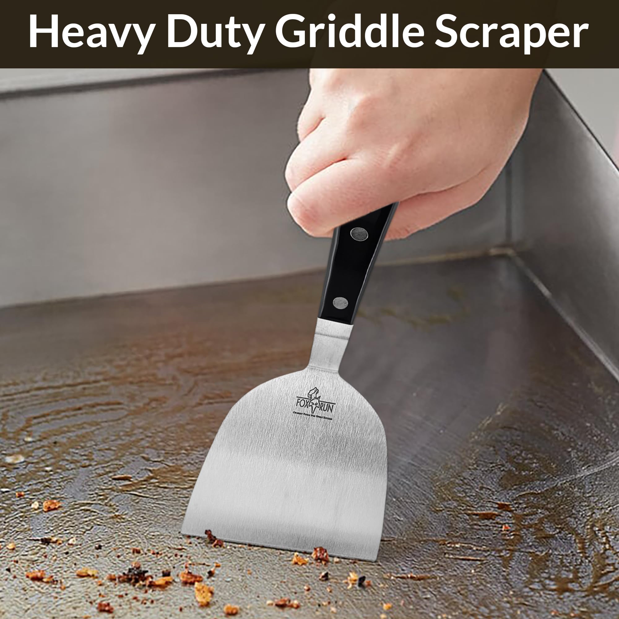 Fox Run Stainless Steel Griddle Scraper - Heavy Duty Grill Cleaner for Cast Iron, Flat Top & BBQ - Perfect for Outdoor Cooking & Camping Accessories