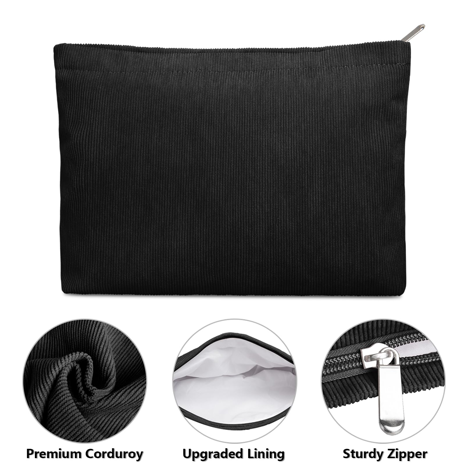 FITDON 2-Piece Corduroy Makeup Bag Set for Women - Small Zippered Cosmetic Pouch & Travel Toiletry Organizer (Black) - Perfect for Purse, Gym, Travel & Daily Essentials Storage