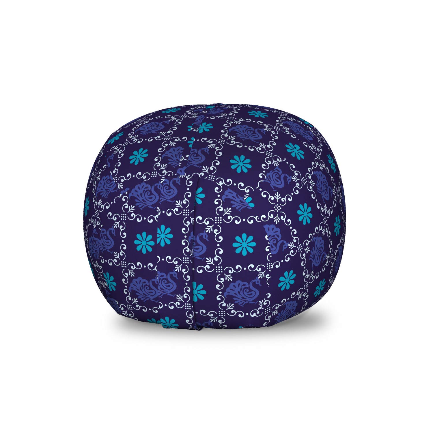 Ambesonne Peacock Storage Toy Bag Chair - Oriental Animal Pattern with Ornate Feathers, Washable Stuffed Animal Organizer, Small Size, Indigo Sea Blue - Perfect for Kids' Room, Nursery, and Playroom Organization