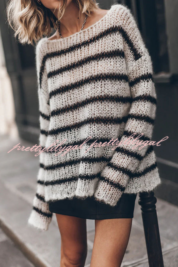 Cozy Striped Knit Sweater for Women - Soft Fluffy Winter Pullover - Casual Loose Fit Long Sleeve Top for Fall & Winter | Perfect for Office, Date Night & Weekend Outings
