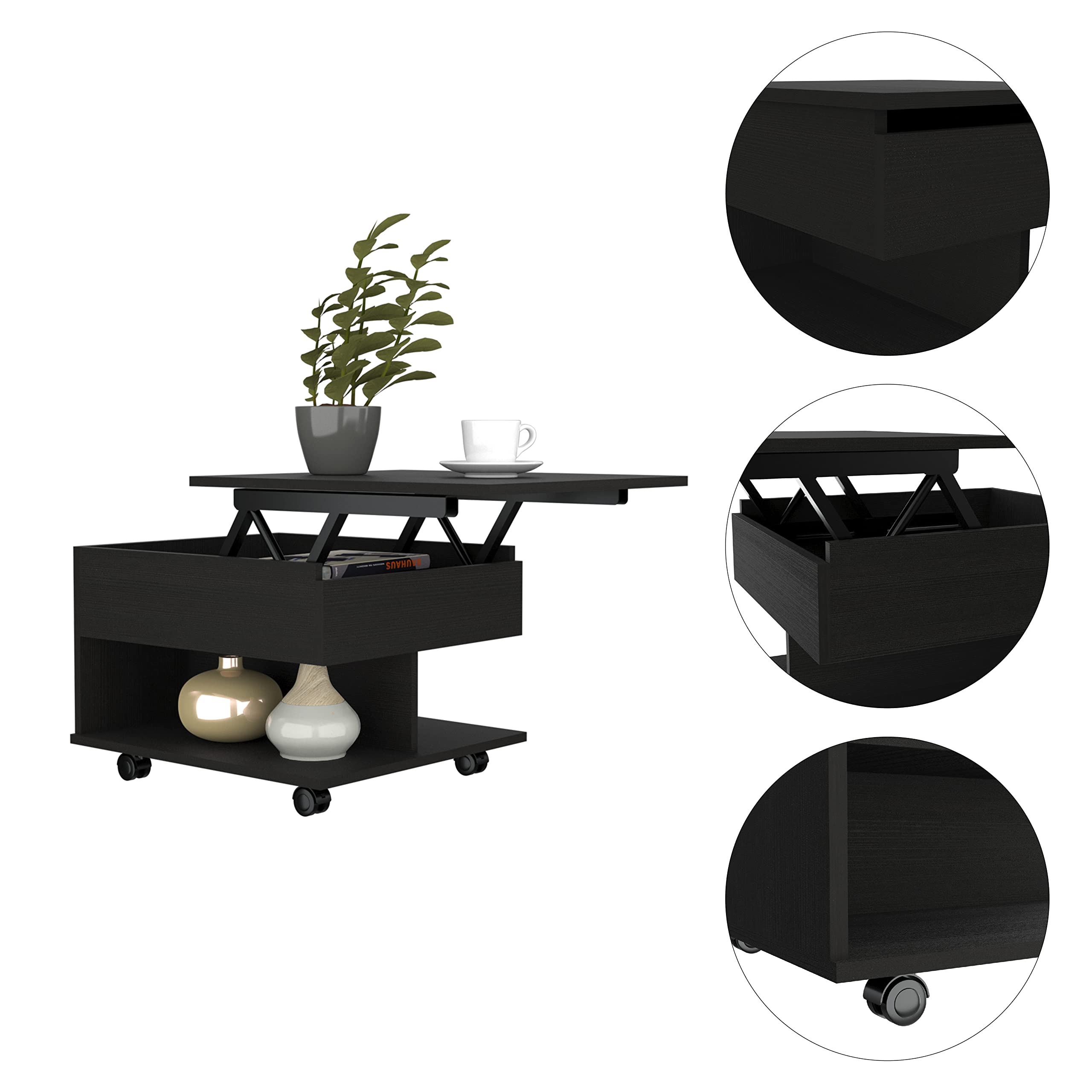 Babel Lift Top Coffee Table with Casters & Storage Shelf - Black | Modern Convertible Design for Living Room, Small Spaces & Home Office