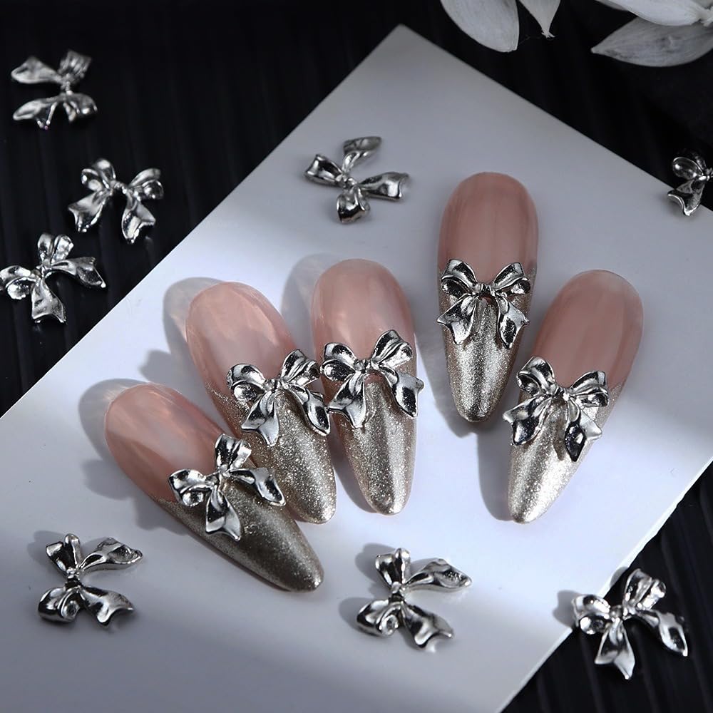 S.A.V.I 3D Bowknot Nail Charms - 10 Pcs Silver Bow Nail Art Decorations for DIY Manicure | Elegant Metallic Nail Accessories for Salon & Home Use | Perfect for Weddings, Parties & Special Occasions