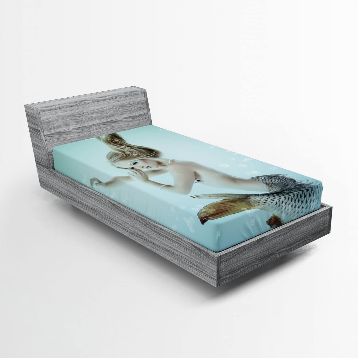 Ambesonne Mermaid Fitted Sheet - Underwater Themed Art Print with Floating Girl & Water Bubbles, Deep Pocket All-Around Elastic Twin XL Bed Cover in Seafoam Beige & Brown | Perfect for Kids' Rooms, Beach-Themed Decor & Mermaid Lovers