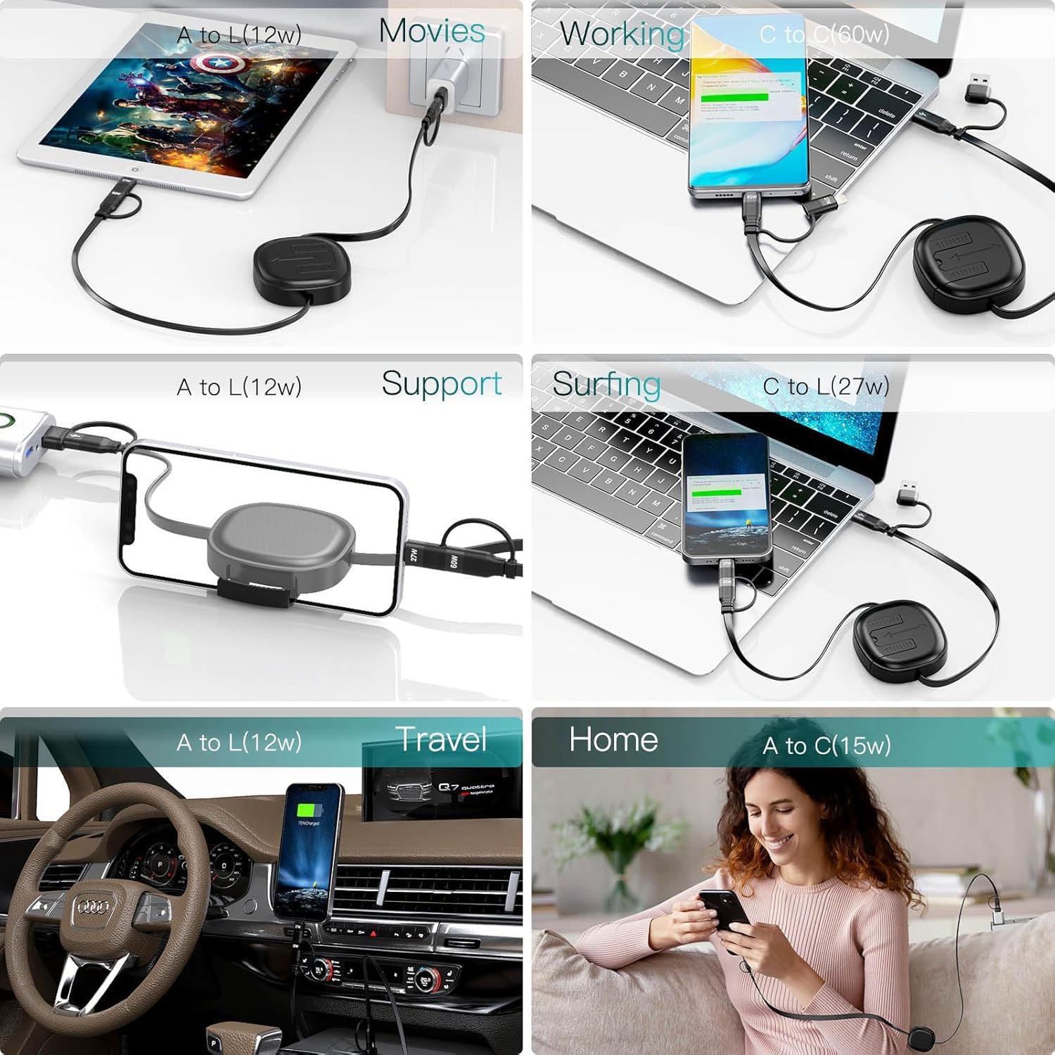5-in-1 Multi Charging Cable 60W Fast Charger with Retractable Design - USB C to Lightning/USB A Cable for iPhone 15/14/13, iPad, Samsung Galaxy, PS5, Tablets - Perfect for Travel, Home & Office Use